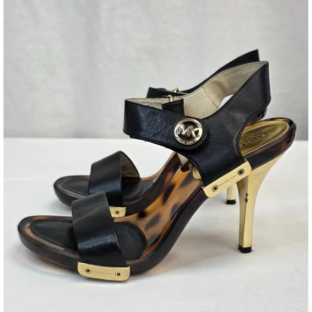 Michael Kors Black Leather Tortoise Shell Gold‎ Stiletto Sandals Heels Womens